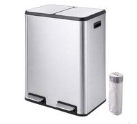 Relaxdays Poubelle 2 compartiments 2x30 l seaux amovibles fermeture douce pédale inox cuisine argentée