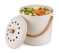 Poubelle Compost Relaxdays, 5,6 l, 2 filtres à Charbon Actif, Couvercle, Anse Bambou, polyrésine, Blanc