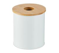 Relaxdays Poubelle de Salle de Bain, 2 litres, Couvercle en Bambou avec Trou, Ronde, pour la Coiffeuse, Blanche