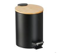 Relaxdays Poubelle de salle de bain, 3 l, couvercle en bambou, seau intérieur amovible, mécanisme de fermeture, noire