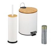 Relaxdays Poubelle de Salle de Bain, 5 litres, Brosse WC (Brosse Incluse), mélange de matériaux, Blanc et Nature