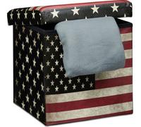 Relaxdays 10019050 Tabouret pliant coffre de rangement pliable banc de stockage avec couvercle amovible 38 x 38 x 38 cm pouf en similicuir repose-pieds table appoint motifs tendances USA