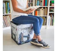Relaxdays Tabouret pliant coffre de rangement pliable banc de stockage avec couvercle amovible 38 x 38 x 38 cm pouf en similicuir repose-pieds table appoint motifs tendances Londres