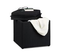 Relaxdays Pouf avec Rangement, H x l x P : 42 x 40,5 x 40,5 cm, Noir | bac de rangement, aspect lin, tissu