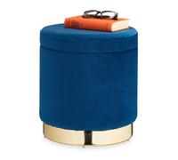 Relaxdays pouf coiffeuse avec espace de rangement, rond, élégant, moderne, tabouret velours, HxD: 41,5x37 cm, bleu/doré