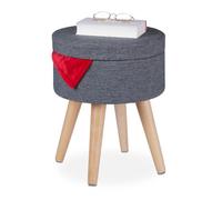 Relaxdays Pouf Coiffeuse Fonction Table, Couvercle rembourré, Rangement, HxD: 45,5x37cm, Tissu, Pieds Bois, Gris/Naturel