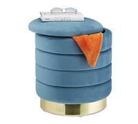 Relaxdays Pouf Coiffeuse Rangement, Rond, Tabouret Velours, siège rembourré élégant, HxD: 43,5x39 cm, Bleu pétrole/doré
