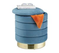 Relaxdays Pouf coiffeuse rangement, rond, tabouret velours, siège rembourré élégant, HxD: 43,5x39 cm, bleu pétrole/doré