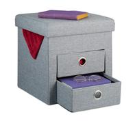 Relaxdays Pouf de Rangement, 2 tiroirs, HxLxP : 39x37x37 cm, Pliable, Tabouret d'appoint, matelassé, Gris