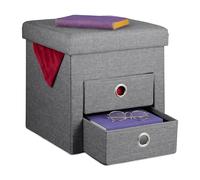 Relaxdays Pouf de Rangement, 2 tiroirs, HxLxP : 39x37x37 cm, Pliable, Tabouret d'appoint, matelassé, Gris foncé