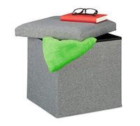 relaxdays Pouf de Rangement, Pliable, Rembourrage Moelleux, carré, Tissu, Tabouret 37x37,5x37,5 cm, Gris