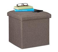relaxdays Pouf de Rangement, Pliable, Rembourrage Moelleux, carré, Tissu, Tabouret 37x37,5x37,5 cm, Gris-Marron