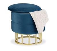 Relaxdays Pouf de rangement, velours, tabouret rond, matelassé, HxD : 40 x 40 cm, chambre, salon, bleu/doré