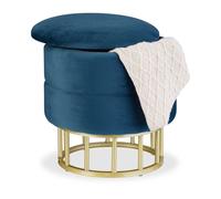 Relaxdays Pouf de Rangement, Velours, Tabouret Rond, matelassé, HxD : 40 x 40 cm, Chambre, Salon, Bleu/doré