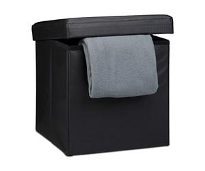 Relaxdays Pouf pliant Chaise de rangement robuste et repose-pieds pratique, boîte de rangement en similicuir avec couvercle amovible,38 x 38 x 38 cm, noir
