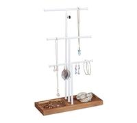 Relaxdays Présentoir à bijoux, 3 barres, forme de T, colliers, boucles d’oreilles & bracelets, bois & métal, blanc/brun