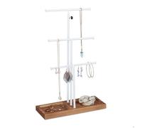 Relaxdays Présentoir à bijoux, 3 barres, forme de T, colliers, boucles d’oreilles & bracelets, bois & métal, blanc/brun