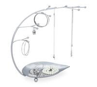 Relaxdays Présentoir à bijoux avec rangement, porte-colliers, boucles d’oreilles, bracelets, 12 branches, métal, argenté