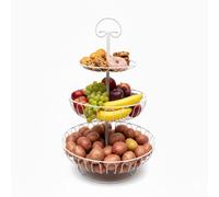 Relaxdays Présentoir à Fruits, 3 Niveaux, métal, H x P : 47 x 30 cm, avec poignée, Corbeille Ronde, Blanc
