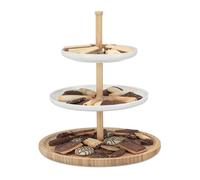 Relaxdays 10022185_348 Présentoir à gâteaux en bambou 3 étages céramique plat de service fruits apéritif DxH 30 x 36cm, blanc-nature, Natur-weiß, 30 x 30 x 36 cm