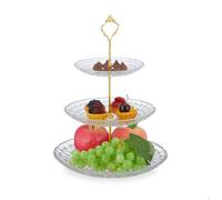 Relaxdays Présentoir à gâteaux, Verre et Fer, Assiette de Service Ronde, 3 étages, HxD: 34 x 25 cm, Transparent/doré