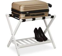 relaxdays Porte-Valise Pliant, Bois, H x L x P : 54,5 x 66 x 44,5 cm, 2 étagères, Repose Bagages hôtel, Blanc