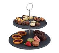 Relaxdays Présentoir apéritif, 2 étages, ardoise, serviteur gâteau, poignée en métal, HxD 23 x 25 cm, anthracite/argent