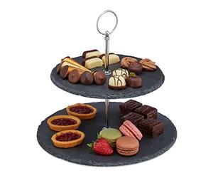 Relaxdays Présentoir apéritif, 2 étages, ardoise, serviteur gâteau, poignée en métal, HxD 23 x 25 cm, anthracite/argent