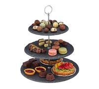 Relaxdays Présentoir apéritif, 3 étages, ardoise, serviteur gâteau, poignée en métal, HxD 34 x 30 cm, anthracite/argent