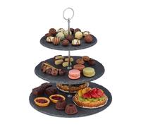Relaxdays Présentoir apéritif, 3 étages, ardoise, serviteur gâteau, poignée en métal, HxD 34 x 30 cm, anthracite/argent
