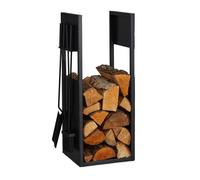 Relaxdays Range-bûches avec couverts, métal, HxLxP: 76,5x36x30 cm, support intérieur pour bois de chauffage, noir
