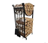 Relaxdays Range-bûches avec kit cheminée, 2 niveaux, pince à feu, balai, pelle, rangement bois, fer, noir