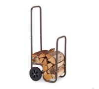 Relaxdays Range-bûches mobile, 2 roues, jusqu’à 60 kg, pour bûches standards, support bois de chauffage, acier, marron