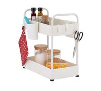 Relaxdays Rangement sous évier, 2 Niveaux, 6 Crochets & 2 Pots, Hauteur réglable, Organiseur pour la Cuisine, Blanc