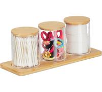 Relaxdays Pots à Cotons-tiges avec Tablette, 3 récipients avec couvercles, Plastique/Bambou, Transparent - Nature