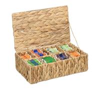 Relaxdays Reladays Boite à thé, 8 Compartiments, pour 110 sachets, Aspect tressé, H x L x P : 10 x 33 x 20,5 cm, Nature