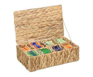 Relaxdays Reladays Boite à thé, 8 Compartiments, pour 110 sachets, Aspect tressé, H x L x P : 10 x 33 x 20,5 cm, Nature