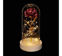 Relaxdays Rose éternelle, Artificielle, sous Cloche, lumière LED, Saint-Valentin, fête des Mères, Noël, Rouge et doré