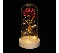 Relaxdays Rose éternelle, Artificielle, sous Cloche, lumière LED, Saint-Valentin, fête des Mères, Noël, Rouge et doré