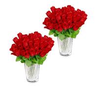 Relaxdays Roses artificielles, Lot de 96, Fleurs artificielles, avec Tige et Feuilles, Cadeau, Mariage, Hauteur 26 cm, Rouge