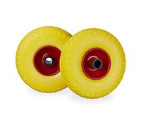 Relaxdays Roue de brouette, caoutchouc, 3.00-4", 2x roue de rechange, pour axe de 25 mm, 260x85 mm, jaune-rouge