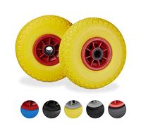 Relaxdays Roue de brouette, Lot de 4, Caoutchouc, 3.00-4", Roue de Rechange, pour axe de 25 mm, 260x85 mm, Jaune-Rouge