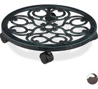 Relaxdays Support roulant plantes rond,en métal, plateau roulant pots à fleurs, aspect antique, vert