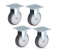 Relaxdays roulettes Fixes, Lot de 4, 75 mm, 280 kg, TPR, Plaque en Acier, roulement à Billes, sans Bruit, Gris/argenté