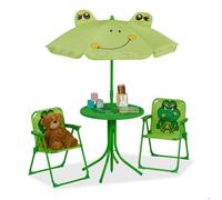 Relaxdays, Salon de jardin, enfant, table, chaises, parasol, pour petit fan de grenouilles, pour plage ou camping, vert