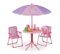Relaxdays, Salon de jardin, enfant, table, chaises, parasol, pour un petit fan de licornes, pour plage ou camping, rose