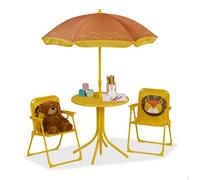 Relaxdays, Salon de jardin, enfant, table, chaises, parasol, pour un petit fan de lions, pour plage ou camping, jaune