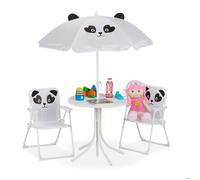 Relaxdays, Salon de jardin, enfant, table, chaises, parasol, pour un petit fan de pandas, pour plage ou camping, blanc