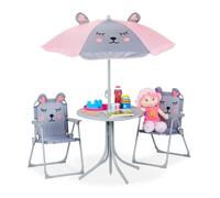 Relaxdays, Salon de jardin, enfant, table, chaises, parasol, pour un petit fan de souris, pour plage ou camping, gris
