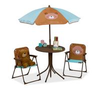 Relaxdays, Salon de jardin, enfant, table, chaises, parasol, pour un petit fan d'ours, pour plage ou camping, marron